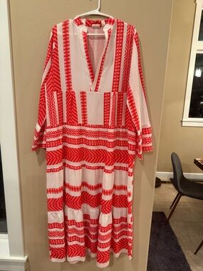 Silk and Salt Red and White Patterned Maxi Dress - Casual V-Neck Style
